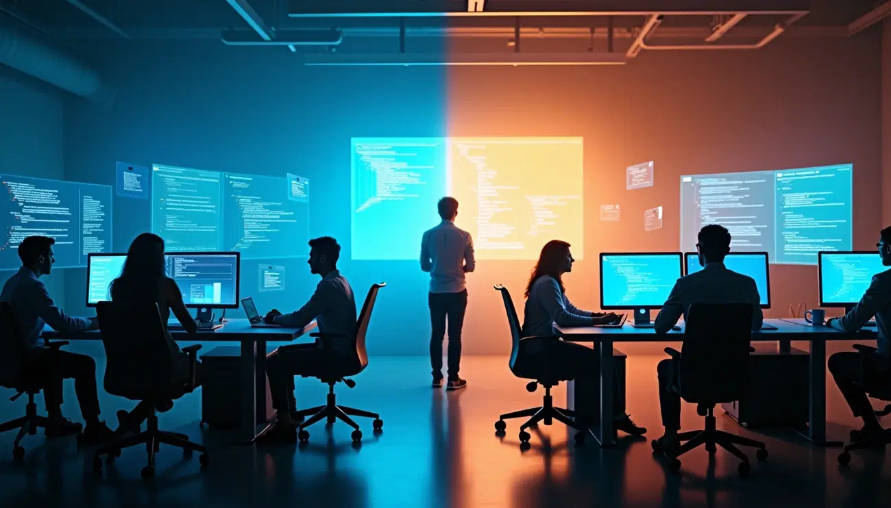 Software developers working in a dimly lit office with dual-tone blue and orange coding screens