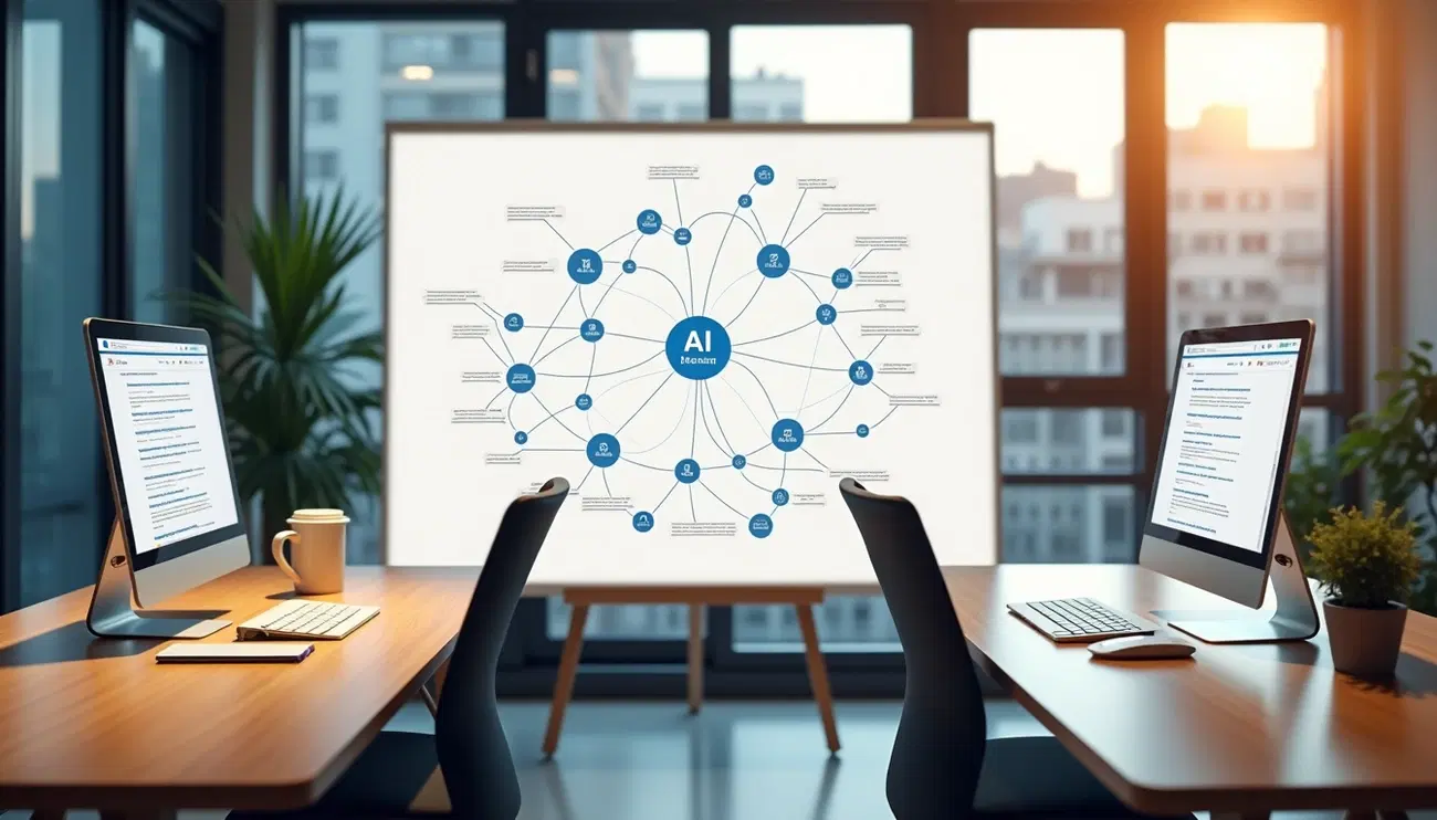 Modern office setup with two computers and a whiteboard diagram centered on AI research concepts at sunset
